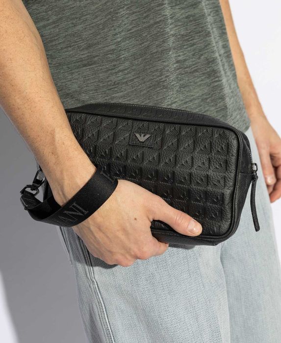 EMPORIO ARMANI luksusowa skórzana kosmetyczka travel bag NERO