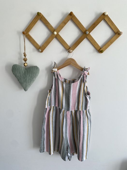 Kombinezon letni george len 116 paski kokardki pudrowy róż khaki