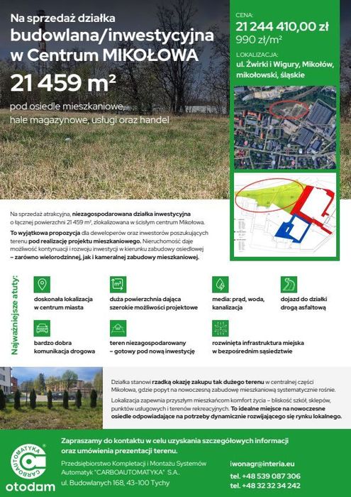 Na sprzedaż działka budowlana/inwestycyjna 21 459 m²; centrum Mikołowa