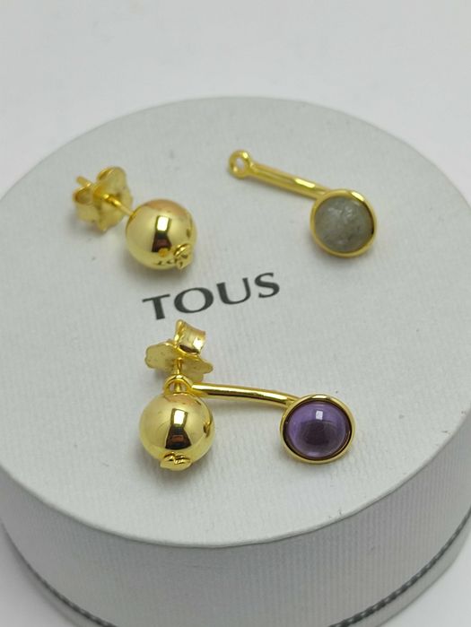 Kolczyki z misiem żółte srebro vermeil 925 z naturalnymi kamieniami