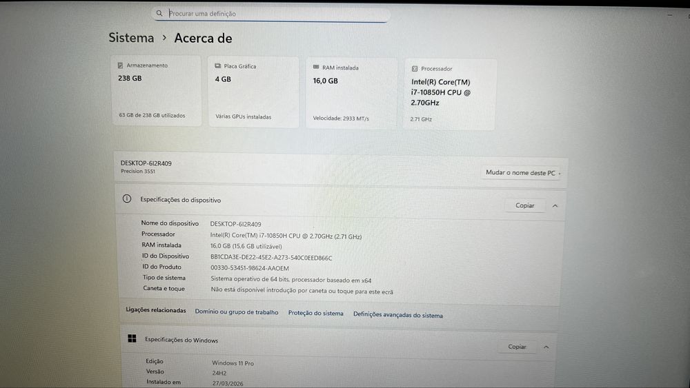 Dell Workstation Precision 3551 I7-10800H/16Gb RAM/SSD/nVidia Quadro 4Gb