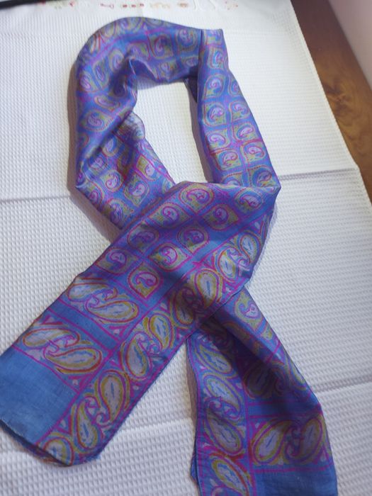 Silk Scarf in Purple, Fuchsia, and Khaki Tones.