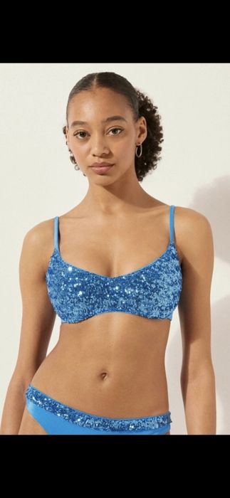 Biustonosz kąpielowy Calzedonia M 80B/75C/70D Cannes z cekinami niebieski digital blue chabrowy kobaltowy szafirowy