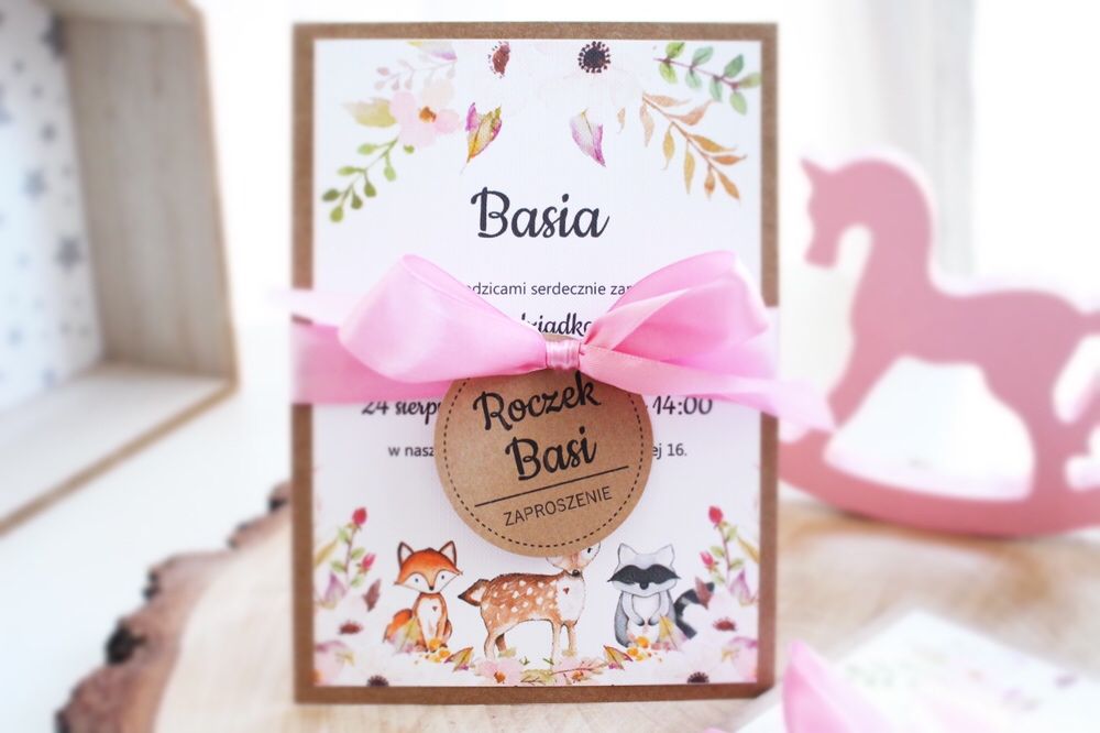 Zaproszenia na urodziny chrzest chrzciny urodzinowe leśne roczek