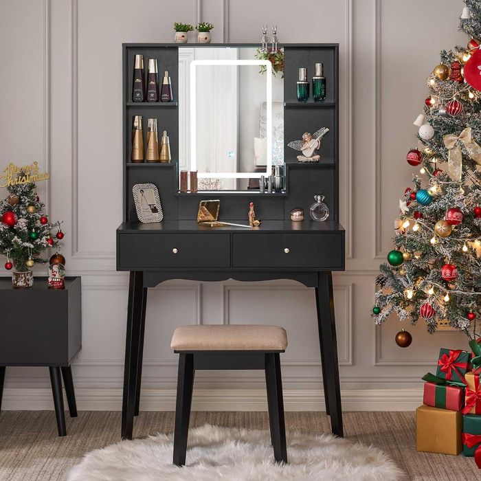 Toucador de maquilhagem com espelho LED, gavetas, prateleiras e banco
