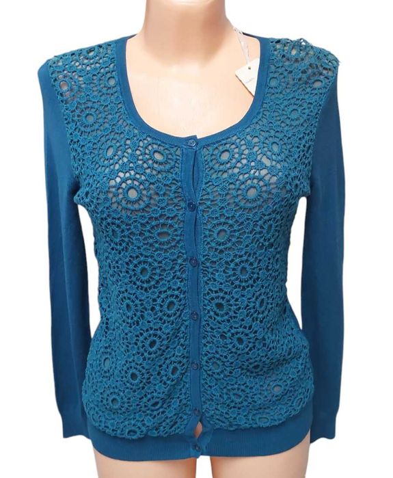 Niebieski ażurowy sweter rozpinany, R. M/L