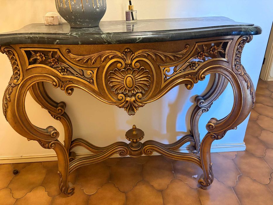 Consola Vintage Estilo Barroco / D. João V com Tampo em Mármore Verde