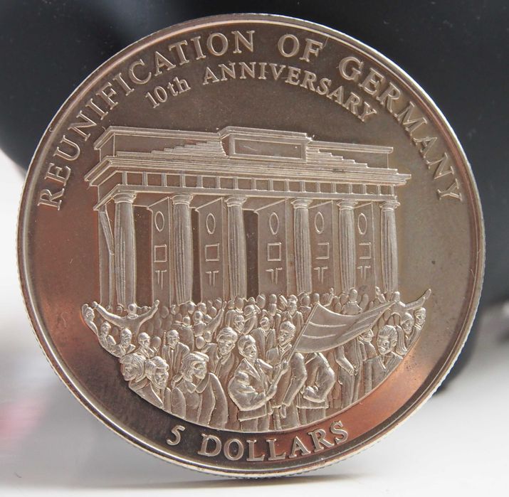 Moneta Liberia 5 dolarów, 2000 10. rocznica zjednoczenia Niemiec