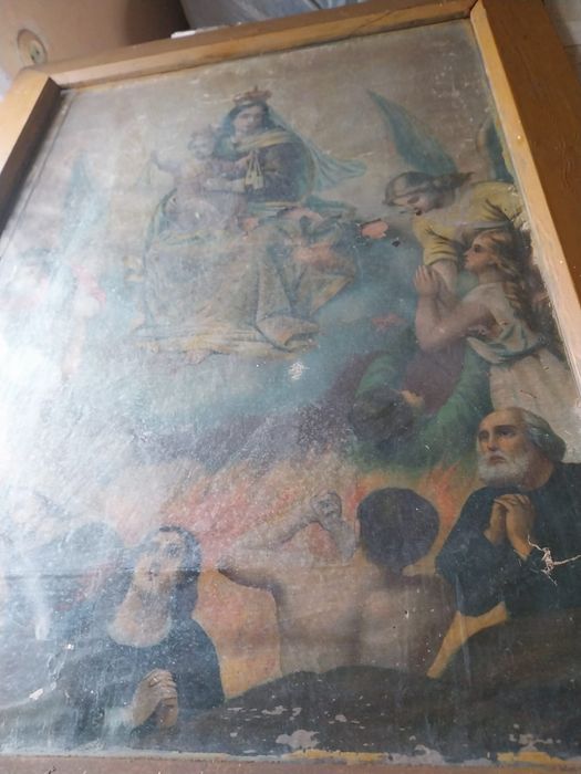 Dewocjonalia zniszczony duży obraz przedwojenny czyściec piekło Maryja