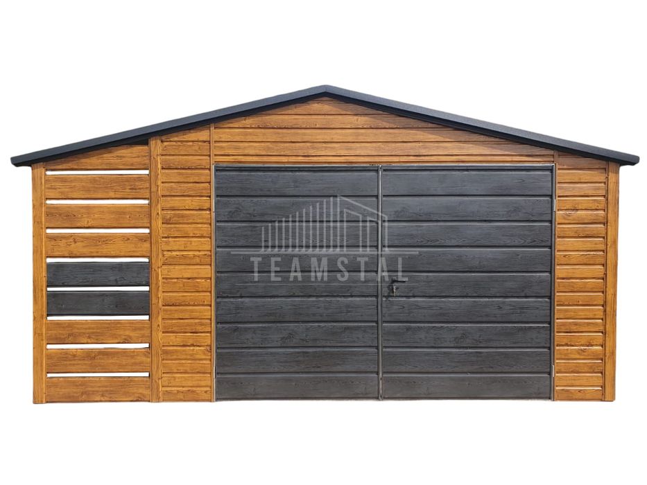 Garaż Blaszany 4x5 + wiata - Brama - okno rynny jasny orzech TS211