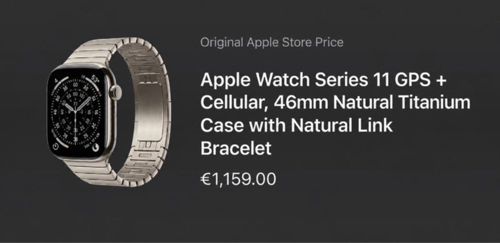 Apple Watch Series 11 GPS + Cellular, 46 mm, em Titânio Natural com Bracelete de Elos Natural.
