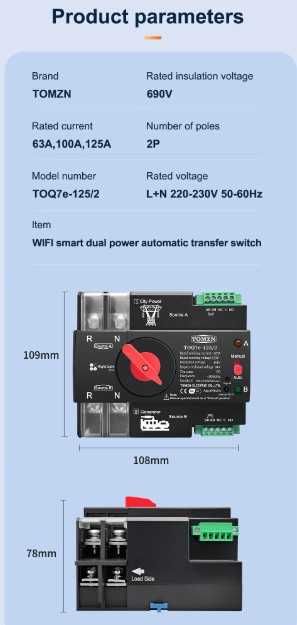 Chave de Transferência Inteligente ewelink Wifi 125A 230VAC