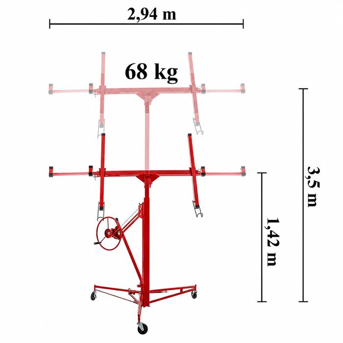Podnośnik Do Płyt Gipsowych GK Karton Gips Regips OSB 68 kg 3,35 m Winda Sufitowa Stojak Na Kołach