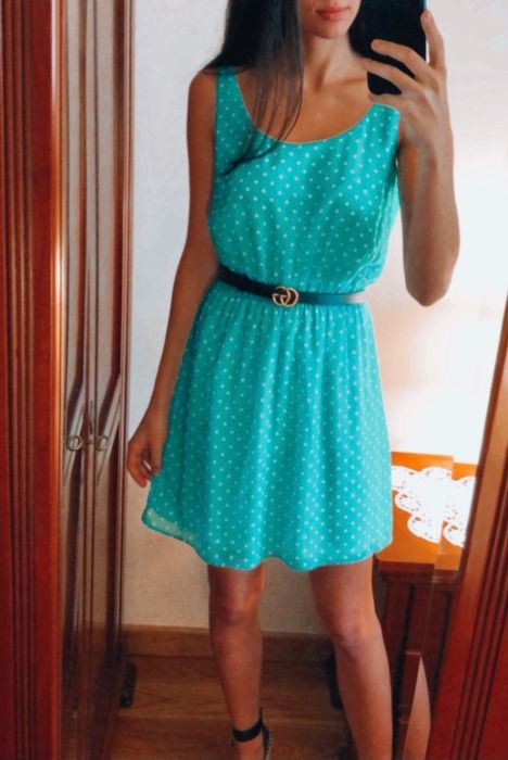 Vestido Verde Água às Bolinhas Brancas - Suiteblanco