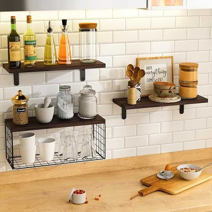 LOFT Regał ścienny, 3 + 1 szt., drewniany do kuchni, łazienki, WISZĄCY