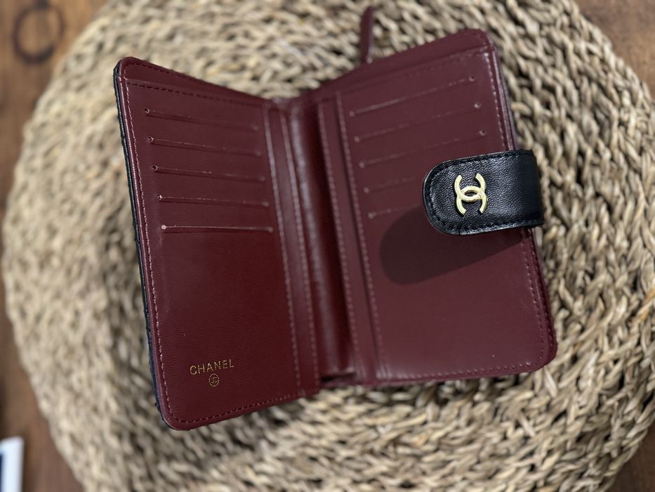 Portfel CHANEL skórzany pikowany czarno-bordowy oryginał