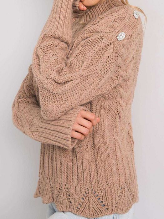 Beżowy sweter z warkoczami, wykończenie ażurowe, one size, nowy