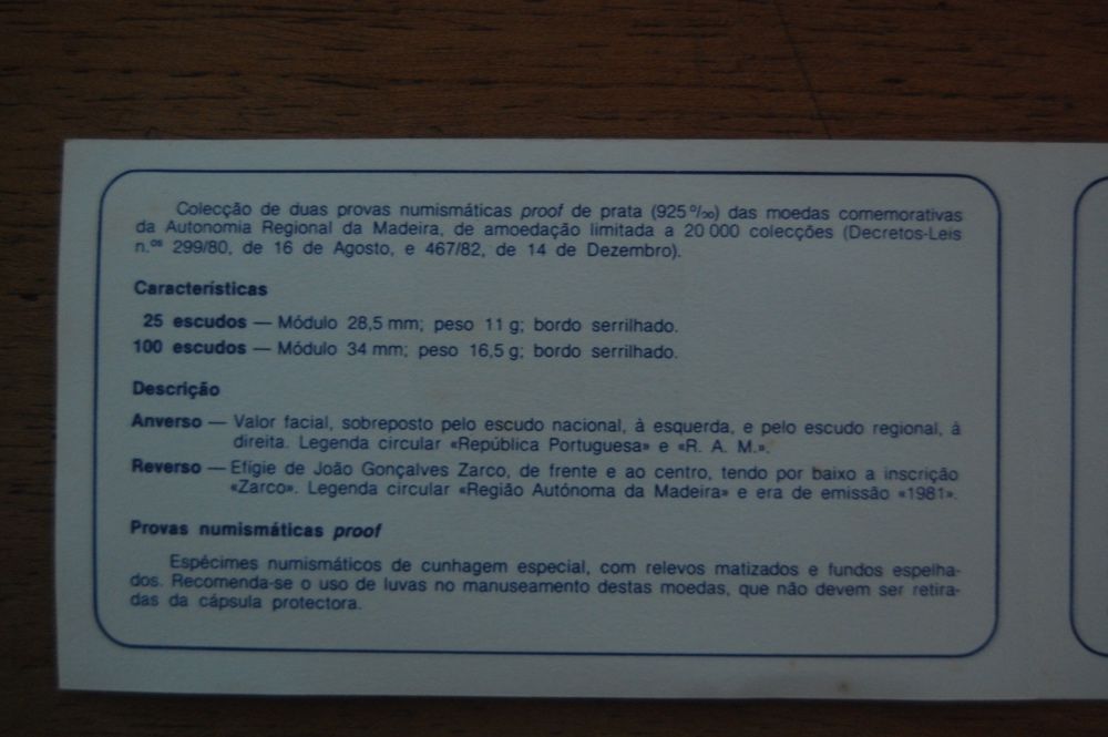 Coleção Moedas prata Autonomia da Madeira 25 e 100 Esc Proof 1981