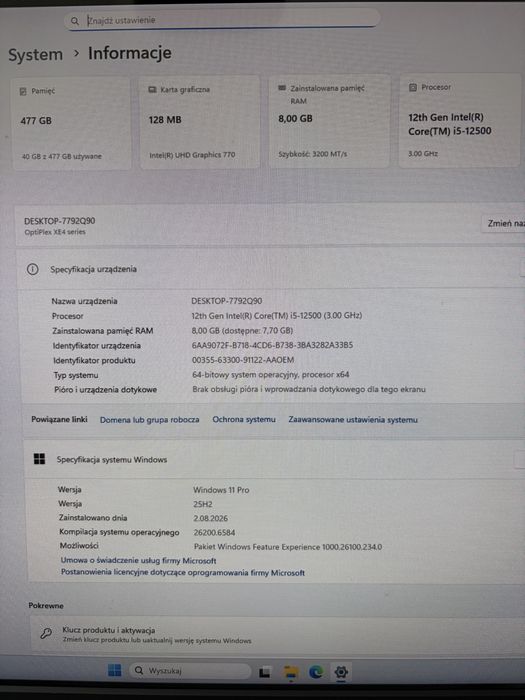 Komputer Dell OptiPlex Xe4 SFF - i5-12500 | 8GB RAM | SSD 256GB | Windows 11 Pro - Jak NOWY!