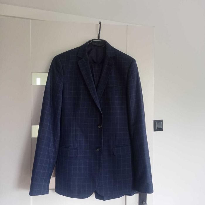 Garnitur w kratę granatowy ślub wesele elegancki wełna