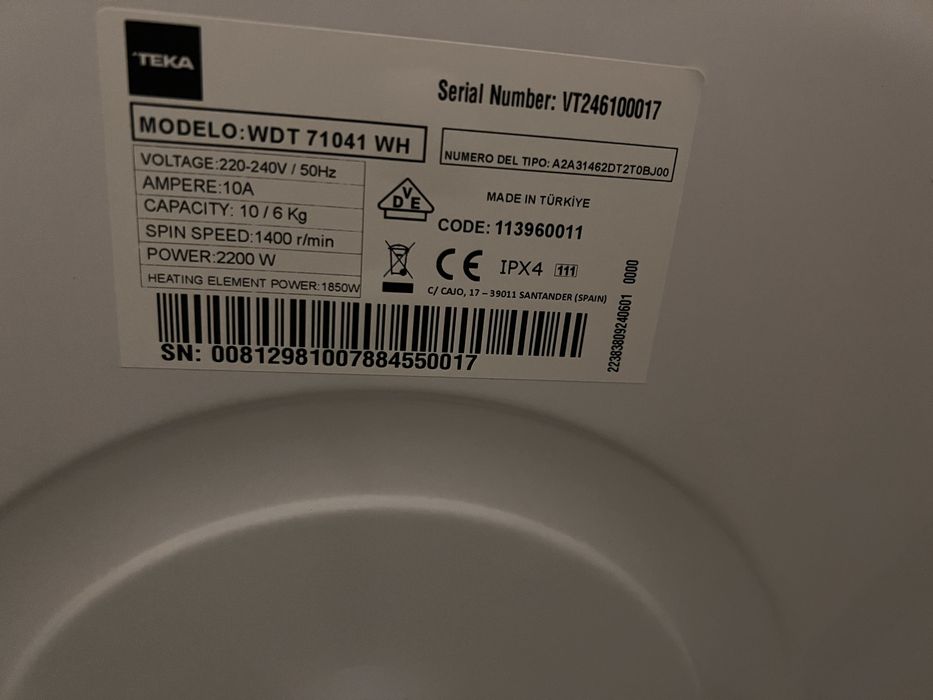 Vendo Máquina de Lavar e Secar Teka WDT 71041 WH