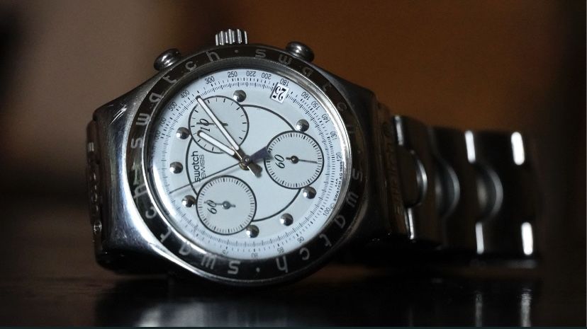 Szwajcarski zegarek SWATCH Irony 4 stainless męski bransoleta lata 90