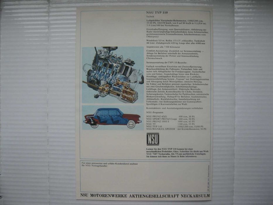 NSU Typ 110 Prospekt Katalog NSU 110 DE