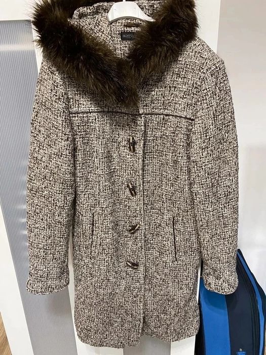 Alberto Toscani włoski futro wełniany płaszcz wełna pepitka z kapturem