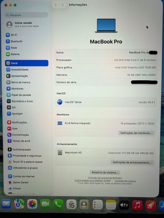 MacBook Pro 16’’ Late 2019 Intel Core i7 2,6GHz Cinzento Sideral com carregador