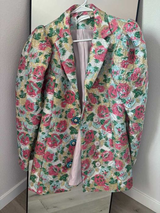 vestido estilo blazer da Rotate Birger Christensen apresenta um tecido jacquard floral metálico com mangas bufantes marcantes uk 12