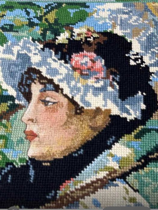 Tela bordada à mão. Reprodução da pintura de Édouard Manet-A Primavera