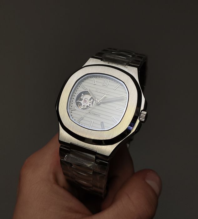 Seiko MOD Nautilus Biały White Silver Srebrny Open Heart Custom NOWY
