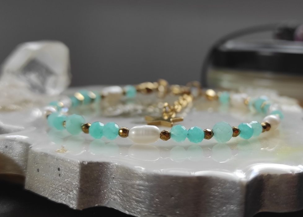 Bransoletka kamienie naturalne Amazonit / Kryształ górski/ Perła