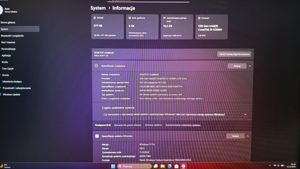 Laptop gamingowy 17,3 Acer Nitro i5 RTX 3060 16GB RAM 512GB SSD