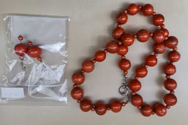 Korale + kolczyki, nowe, odcień czerwieni z pomarańczą
