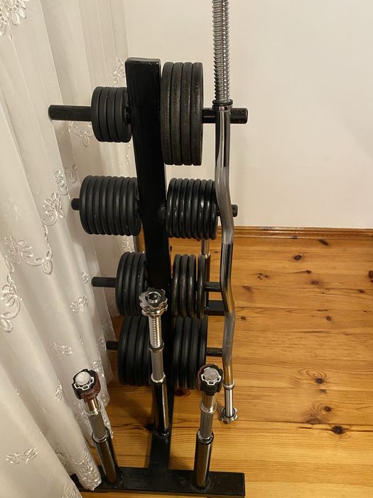 ZESTAW SIŁOWNIA hantle + gryf + 84 kg + stojak
