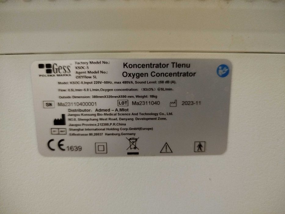 Koncentrator tlenu Gess OxyFlow 5L (KSOC-5) – 2023, mało używany, stan bardzo dobry