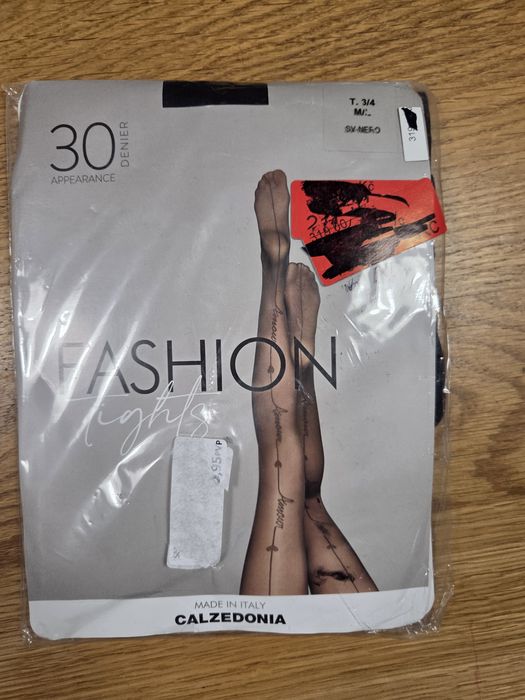 Czarne rajstopy calzedonia m/l szew tylny napisy amour