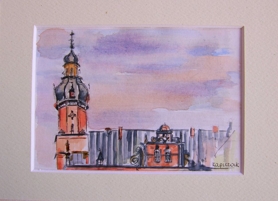 Akwarela z wieżą ratusza z passe-partout