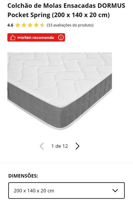 Colchão de Molas Ensacadas DORMUS (200 x 140 x 20 cm)