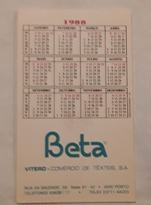Calendário de bolso Beta de 1988