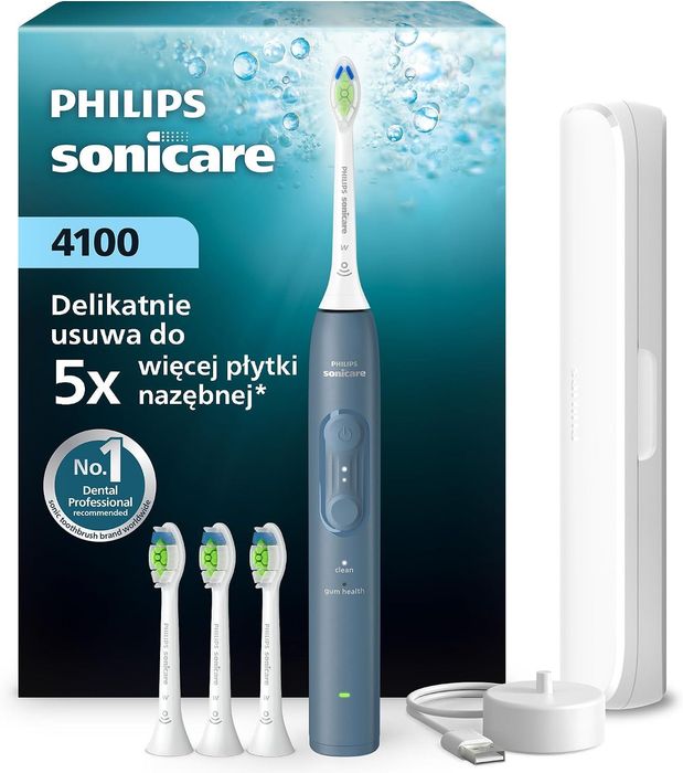 Szczoteczka Philips Sonicare z serii 4100 z czujnikiem siły nacisku, 4x końcówki, etui podróżne, kolor morski, HX4046/48