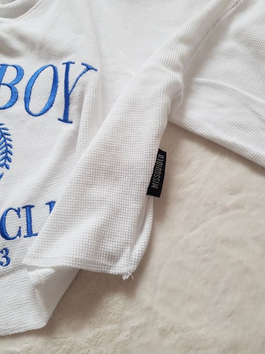 Bluza playboy M university College biała haftowana krótka crop wafelko