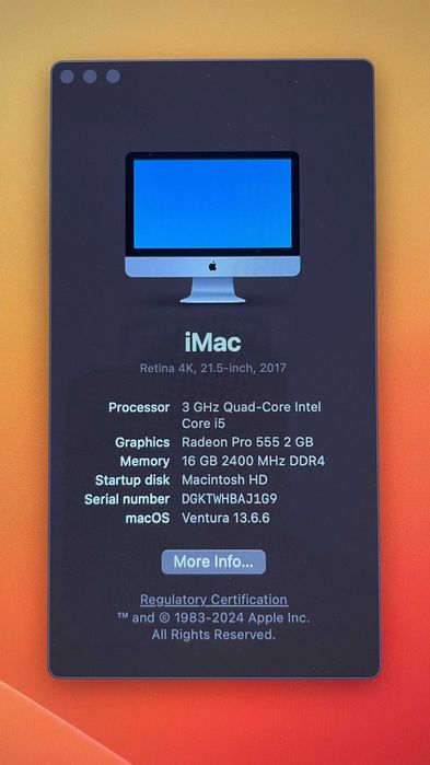 iMac 21,5 ", 2017, 16GB/256GB