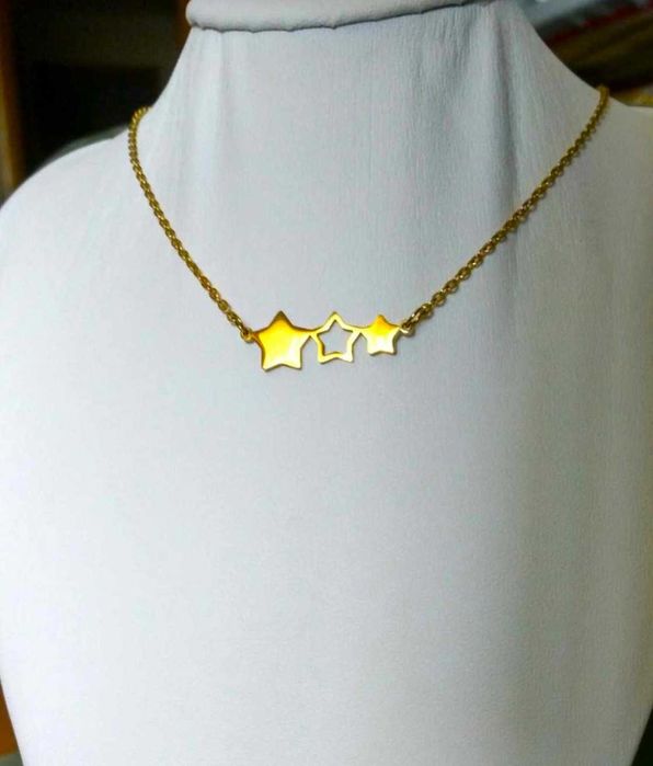 Colar Aço Dourado c/ Estrelas Triplas NOVO