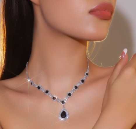 Naszyjnik Damski  Elegancki Ślubny Wizytowy Srebrny Czarny Cyrkonie