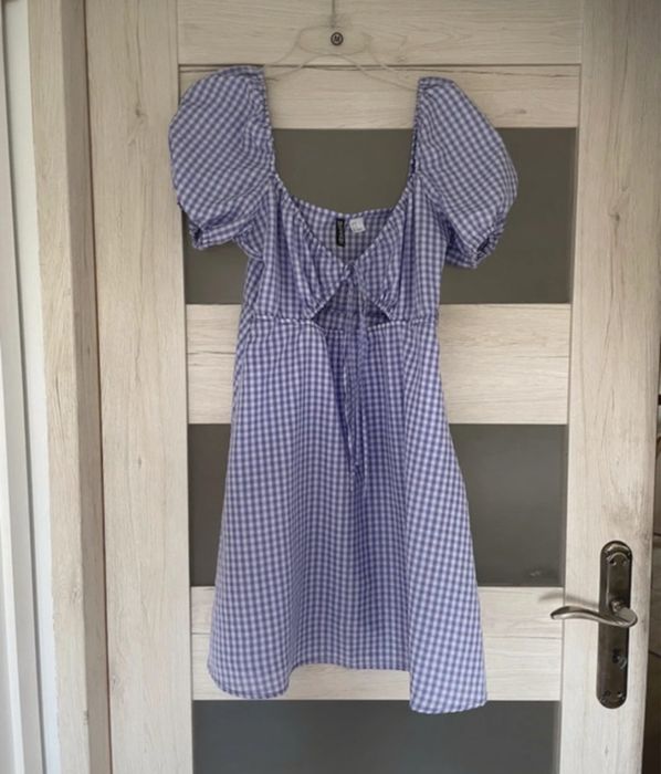 Sukienka letnia piknikowa rozmiar 40 L w kratę fioletowa