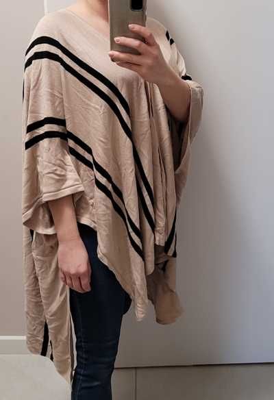 Beżowe, w czarne, pionowe paski ponczo / poncho, H&M, uniwersalny