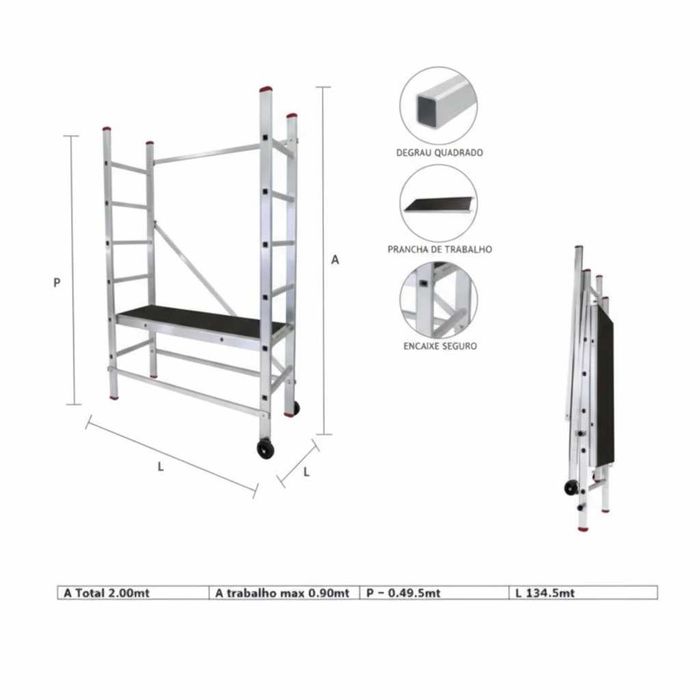 Andaime Profissional Dobrável 2m (Plataforma 0.9m) | Degrau Quadrado | Alumínio 6060 | L 1.345m x P 0.495m