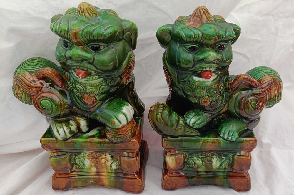 Leões Foo antigos Terracota Vidrada